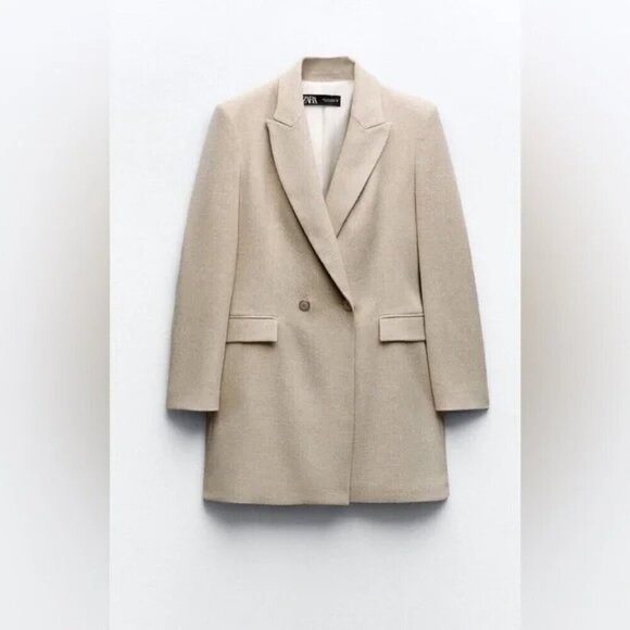 New Zara Double Breasted Lapel Collar Long Taupe Brown Blazer 8370/728/704 Large - Picture 4 of 10